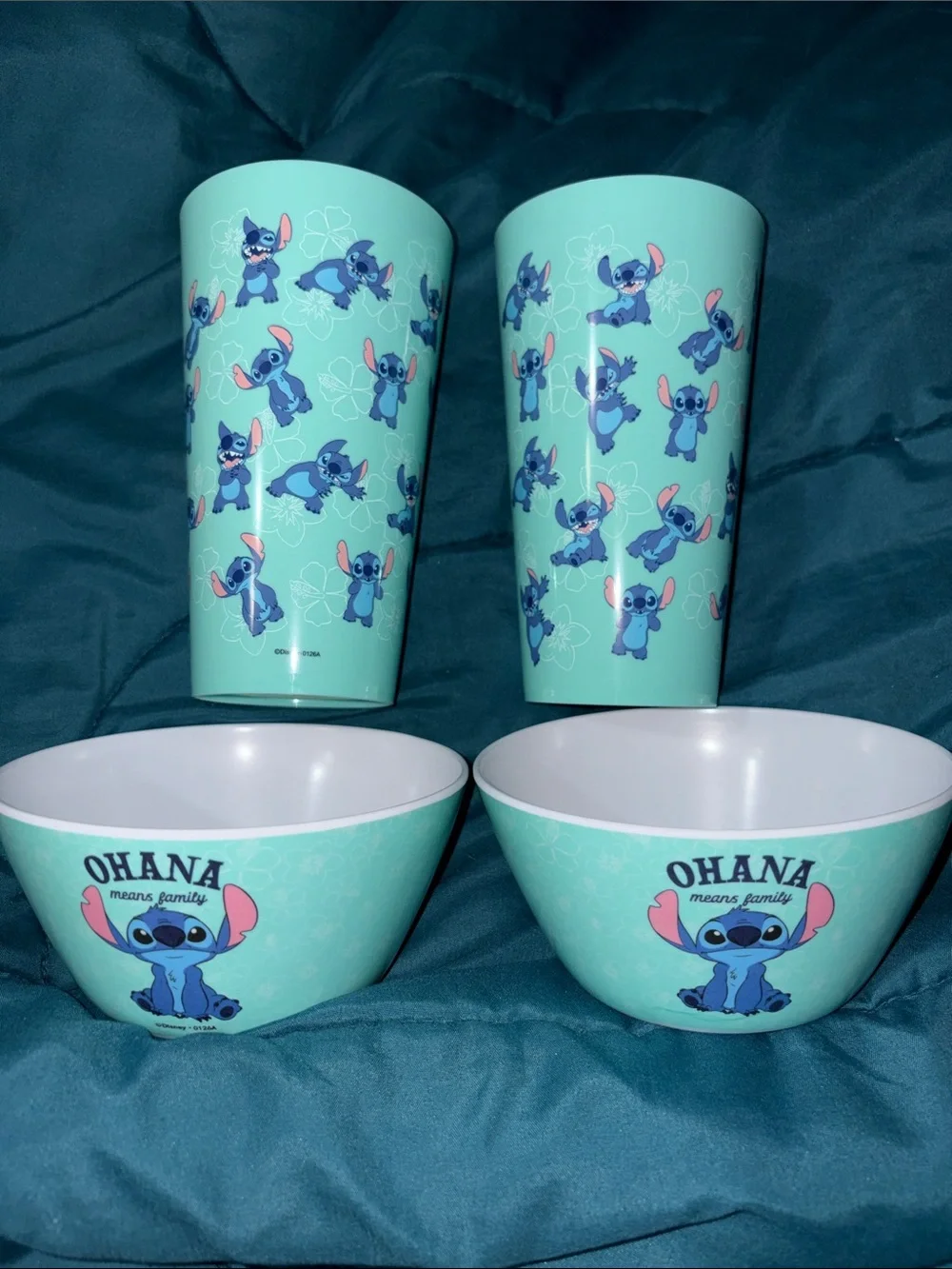 Stitch - Disney Aqua Stitch Ohana Bowls & Tumblers Set 4 total items